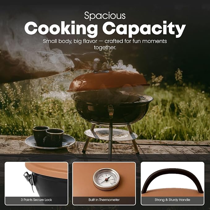 GasOne 14-inch Portable Charcoal Barbecue Grill with Thermometer Lux Brown | 3-Point Locking Lid for Heat Preservation – Dual Venting System – Small Charcoal Grill for Backyard, Camping, Boat