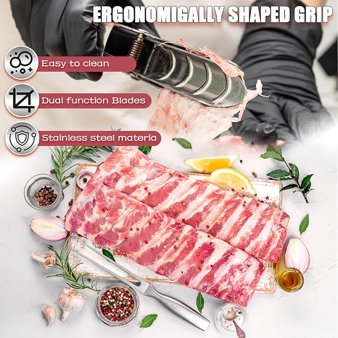 Rib Membrane Removal Tools, Rib Prep Tool, Stainless Steel BBQ Rib Skinner with 2Pcs Tweezers Pliers and Gloves, for Easy Rib Skinner, Kitchen Gadgets for Barbecue Enthusiasts & Chefs