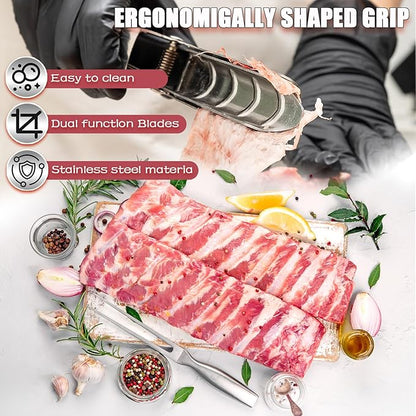 Rib Membrane Removal Tools, Rib Prep Tool, Stainless Steel BBQ Rib Skinner with Tweezer plier, BBQ Cleaning Brush and Gloves, for Easy Rib Skinner, Kitchen Gadgets for Barbecue Enthusiasts & Chefs