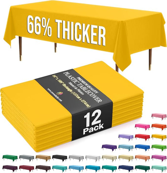 Exquisite 66% Thicker Premium Plastic Table Cloth Rectangle Table Cover 0.5 Mil 12 Pack Yellow Table Cloth 54 Inch x 108 Inch Disposable Tablecloth Won't Tear Easily Like Cheap Thin Brands
