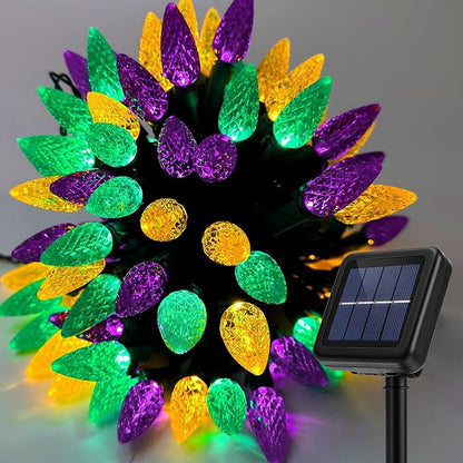 ReyeeInc Solar Mardi Gras Lights, Solar Powered Outdoor Waterproof String Lights with 39FT 100 Count C6 Strawberry Lights and 8 Modes for Outside Mardi Gras Tree Carnival Porch Fence Party Decors