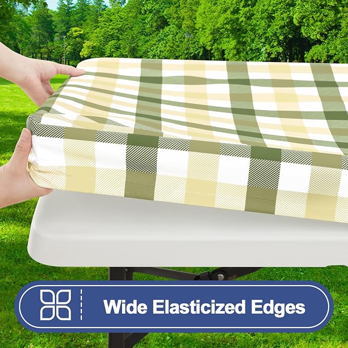 Smiry Picnic Table Cover with Bench Covers, Waterproof Elastic Fitted Tablecloths for 6 Foot Rectangle Tables, Washable Buffalo Plaid Tablecloth for Easter, Outdoor (Sage Green & Beige, 30"x72")