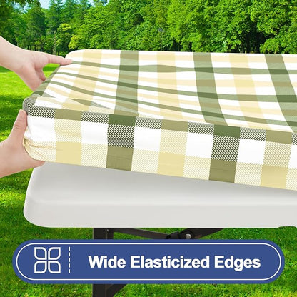 Smiry Picnic Table Cover with Bench Covers, Waterproof Elastic Fitted Tablecloths for 5 Foot Rectangle Tables, Washable Buffalo Plaid Tablecloth for Easter, Outdoor (Sage Green & Beige, 30"x60")