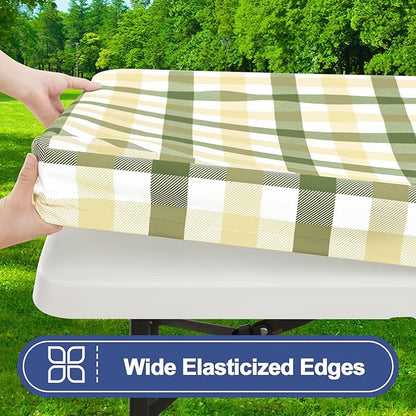 Smiry Picnic Table Cloth 2 Pack, Waterproof Elastic Fitted Tablecloths for 6FT Rectangle Tables, Washable Polyester Buffalo Plaid Tablecloth for Easter & Outdoor (Sage Green & Beige, 30" x 72")