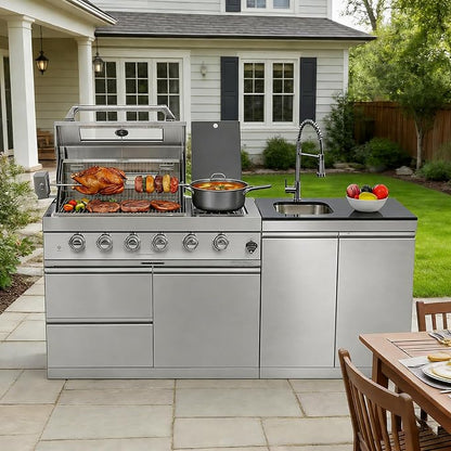 79" Modular Outdoor Kitchen with 4 Burners 72,000 BTU Natural Gas Grill,Rotisserie Oven,Side Burner,Sink & Marble Countertop.Gas Grill for Backyard and Patio.(Natural Gas)