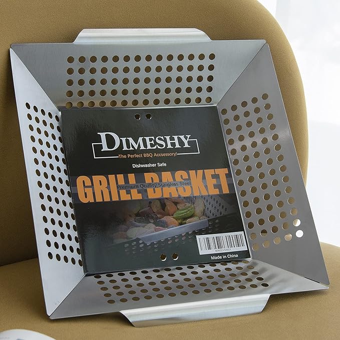Stainless Steel Grill Basket, Large 12 Inches BBQ Accessories for Vegetable, Shrimps, Kabobs,Work for All Grill by DIMESHY