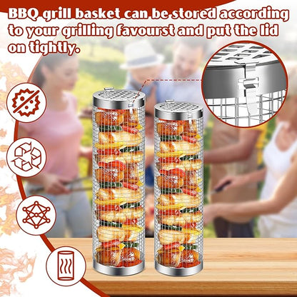 Grill Baskets for Outdoor Grill- 2 PCS, Rolling Grilling Basket, Stainless Steel BBQ Grill Mesh Grilling Accessories for Fish, Shrimp, Meat, Veggies, Fries, Grilling Gift for Men Dad Husband