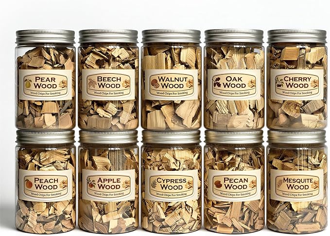 10 Pack Natural Wood Chips for Smoker Grill and Smoking Gun, Apple, Cherry, Oak, Pear, Peach, Pecan, Beech, Mesquite, Walnut & Cypress About 90g Each, Smoker Woodchips for BBQ Smoking Beef Pork Whisk
