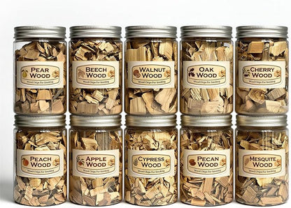 10 Pack Natural Wood Chips for Smoker Grill and Smoking Gun, Apple, Cherry, Oak, Pear, Peach, Pecan, Beech, Mesquite, Walnut & Cypress About 90g Each, Smoker Woodchips for BBQ Smoking Beef Pork Whisk