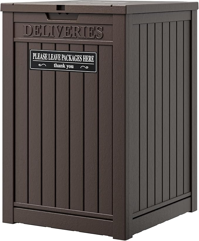 LHBGO Package Delivery Box for Outside with Sticker, 48 Gallon Storage with Lockable Secure, Large Double Wall Resin Outdoor Package Delivery Waterproof Deck