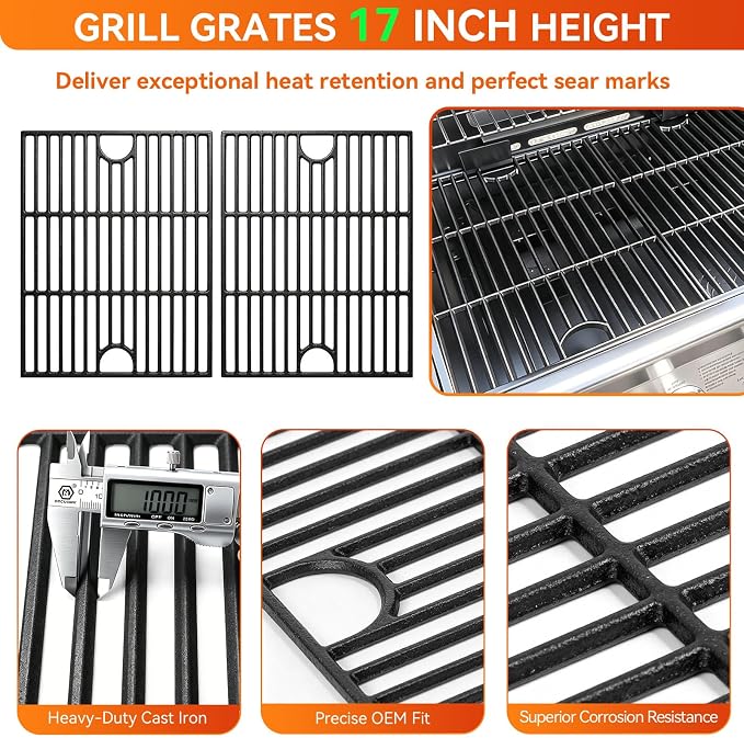 Grill Parts for Home Depot Nexgrill 4 Burner 720-0830H, 5 Burner 720-0888N, 720-0888 Gas Grill Models, Porcelain Steel Heat Plate Flame Tamer + 13 x 17 Cast Iron Grill Grates
