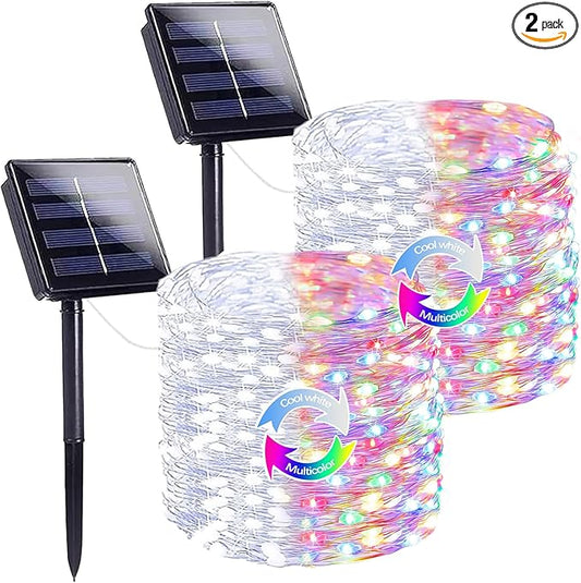 Cool White and Multicolor Color Changing Solar String Lights for Outside, 2 Pack 400LED Solar Fairy Lights Outdoor, Waterproof Copper Wire with 8 Modes Solar Twinkle Lights for Tree Garden Xmas Decor