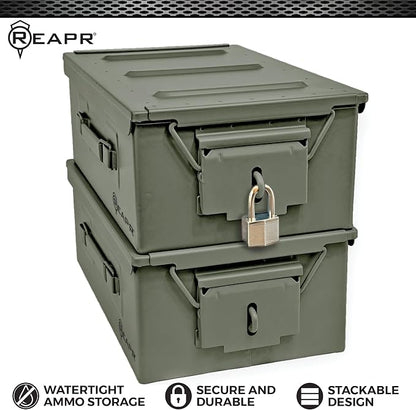 Reapr Steel Ammo Can, Heavy Duty Locking Metal Ammo Storage Box, Airtight and Watertight 30 Cal or 50 Cal Case for Rifle, Shotgun, Pistol, Military Footlocker Style Tool and Gear Organizer