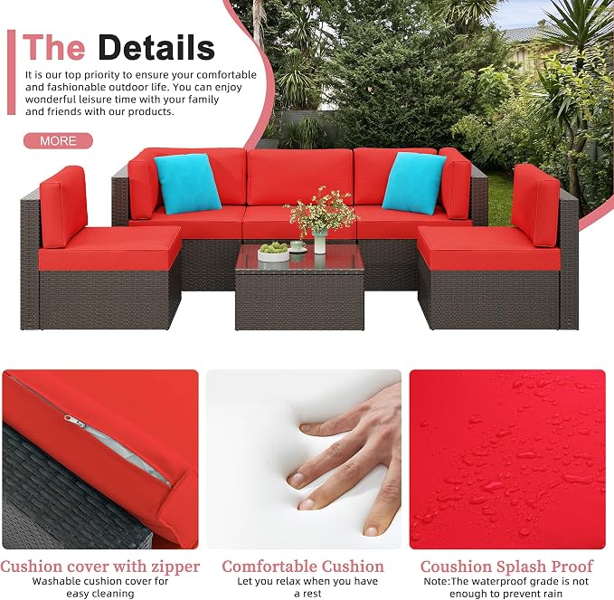 6 Pieces Patio Furniture Set Outdoor Couch Wicker Sectional Sofa, Red