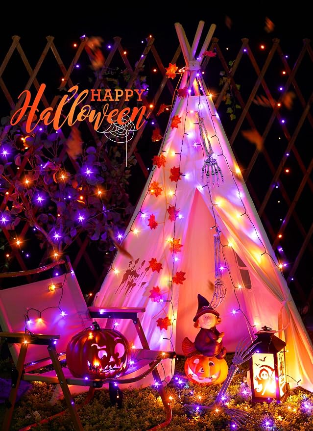 Minetom Solar Halloween Lights Outdoor, 40FT 100 LED Halloween String Light | Black Wire Halloween Decoration Outdoor with 8 Modes, Waterproof Solar String Lights for Outside Tree Yard, Orange & Purple