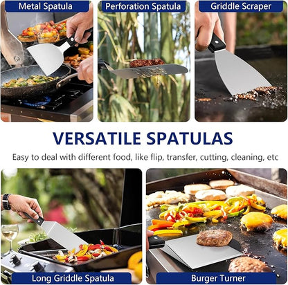 18Pcs Griddle Accessories Kit for Blackstone, Joyfair Flattop Grilling Accessory Set with Smash Burger Press, Stainless Steel Spatula Tools with Basting Cover for Outdoor BBQ Cooking (ABS Handles)