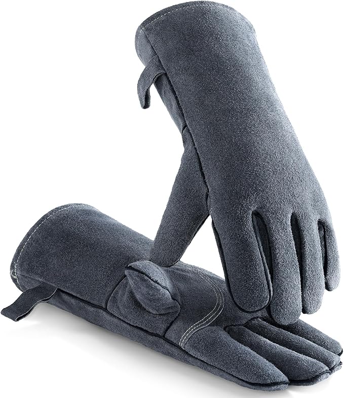 OZERO 14 Inch Heat Resistant Welding Gloves, 20% Thicker Split Cowhide EN407 Certified Fire Gloves 932℉ for Grill Oven Fireplace-Gray