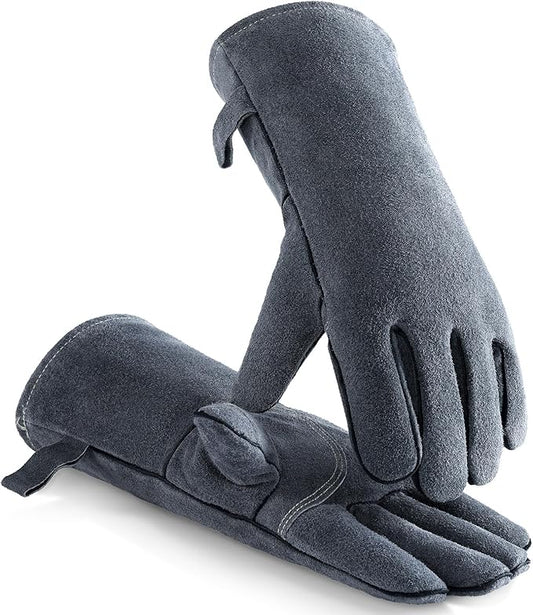 OZERO 14 Inch Heat Resistant Welding Gloves, 20% Thicker Split Cowhide EN407 Certified Fire Gloves 932℉ for Grill Oven Fireplace-Gray