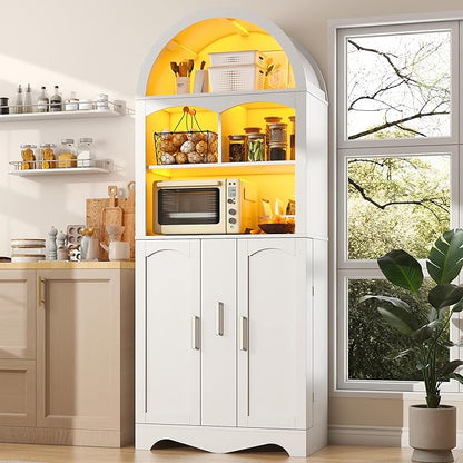 kepptory 75”Arched Pantry Cabinets with Microwave Shelf, Tall Kitchen Pantry Storage Cabinet with Drawer and Adjustable Shelves, Cupboards with LED Light for Kitchen, Living Room, Dining Room Use