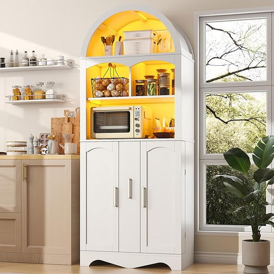 kepptory 75”Arched Pantry Cabinets with Microwave Shelf, Tall Kitchen Pantry Storage Cabinet with Drawer and Adjustable Shelves, Cupboards with LED Light for Kitchen, Living Room, Dining Room Use