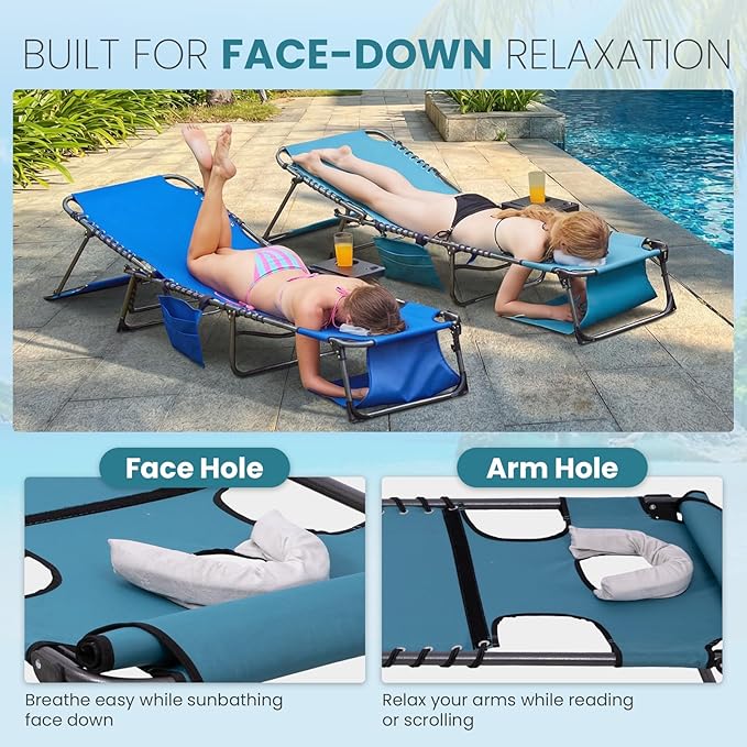 FUNDANGO Heavy Duty Tanning Chair with Face Hole & Canopy, 400lbs Beach Lounge Chair with Side Table, 5-Position Sun Lounger for Outdoor Patio Pool-Face Down Chaise with Anti-Pinch Safety Lock,Cyan