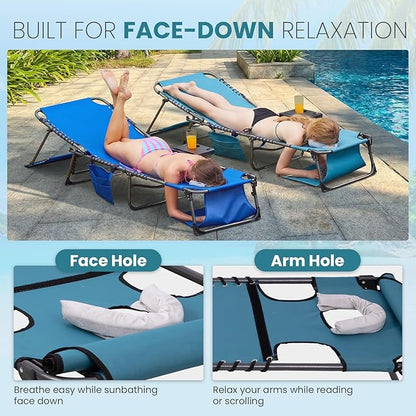 FUNDANGO 400lbs Tanning Chair with Face Hole & Canopy & Side Table, 5 Positions Beach Sunbathing Lounge Chair Facedown Chaise Lounge with Pillow for Pool Outdoor Camping Patio, Set of 2 Cyan