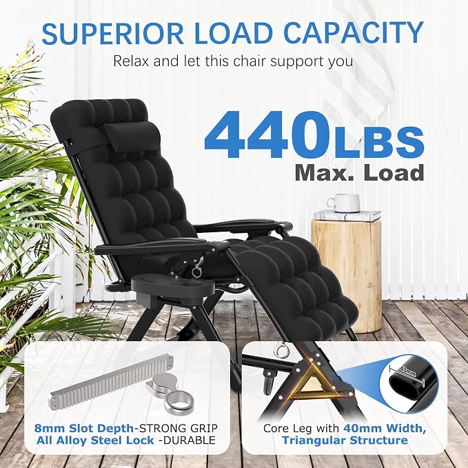 Slendor Zero Gravity Chair, Zero Gravity Lounge Chair with Upgraded Lock and Removable Cushion, Reclining Camping Chair with Cup Holder, Folding Recliner for Indoor and Outdoor, Black