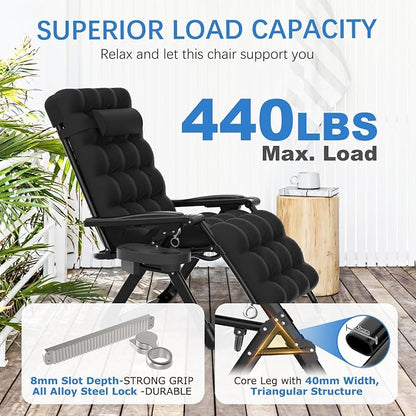 Slendor Zero Gravity Chair, Zero Gravity Lounge Chair with Upgraded Lock and Removable Cushion, Reclining Camping Chair with Cup Holder, Folding Recliner for Indoor and Outdoor, Black