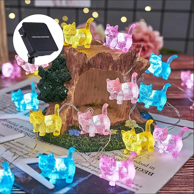 Bartlett Solar Garden Lights Outdoor Cute Cat Fairy Lights Solar Powered String Lights Outdoor Waterproof Kitty Decorative Lights 40LEDs Light 14ft Patio Décor Yard Fence Walkway Balcony Decoration
