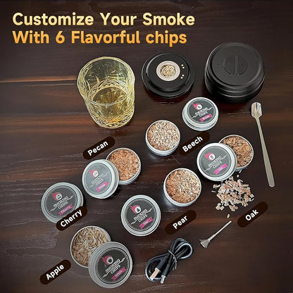 Electric Whiskey Smoker Kit Built-in Lighter, Rechargeable Old Fashioned Cocktail Bourbon Drink Smoker kit with 6 Wood Chips Whisky Kit Gifts for Men Dad Husband Boyfriend Mens