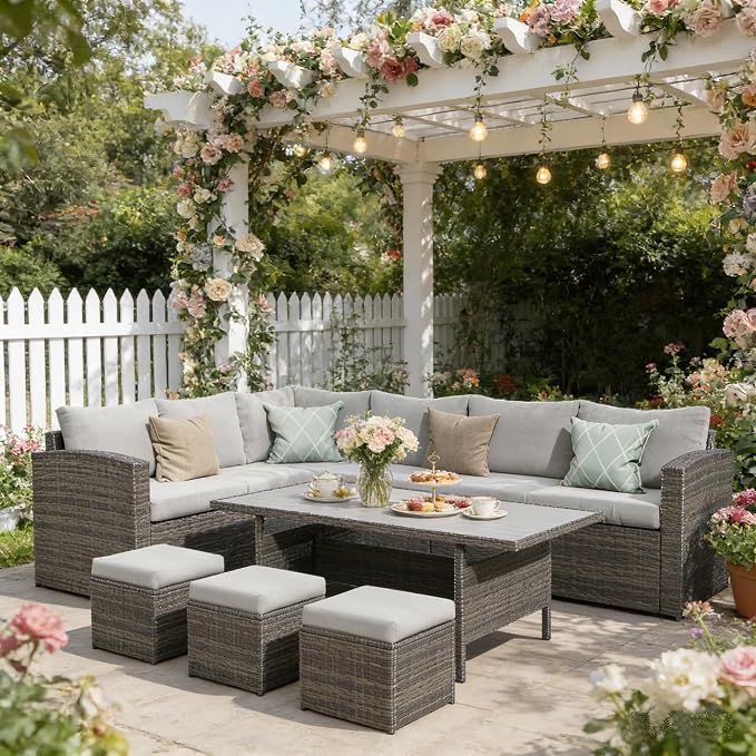 Wisteria Lane 7 Piece Patio Furniture Set, Patio Sectional for All Weather | High Curved Back Outdoor Furniture Dining Set, Wicker Patio Sofa, Patio Conversation Sets with Ottoman for Porch, Ash Grey