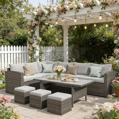 Wisteria Lane 7 Piece Patio Furniture Set, Patio Sectional for All Weather | High Curved Back Outdoor Furniture Dining Set, Wicker Patio Sofa, Patio Conversation Sets with Ottoman for Porch, Ash Grey