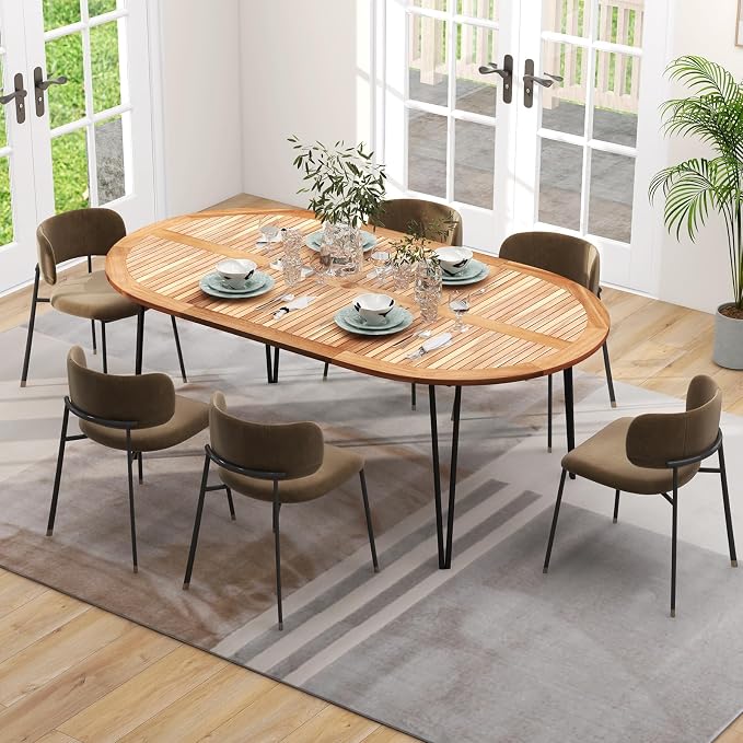 Tangkula 79" Large Patio Dining Table for 6, Acacia Wood 6-Person Dining Table with 2.5" Umbrella Hole & Metal Legs & Adjustable Foot Pads, Oval Outside Table for Garden, Poolside & Backyard