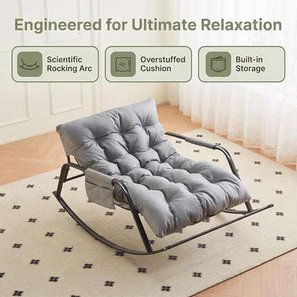 Rocking Papasan Chair, Leather Upholstered Lounge Chair, Gray | Extra-Wide Rocking Chair with Technical Leather Upholstery, Sturdy Frame and Smooth Glide for Indoor / Outdoor Scenes