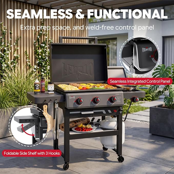 Feasto 28-Inch 3 Burner Propane Flat Top Grill with Hood and Side Burner | 550 Sq. In. Outdoor Griddle with Protective Hood, 37,500 BTU Main Burners, 13,000 BTU Lidded Side Burner, Folding Side Table