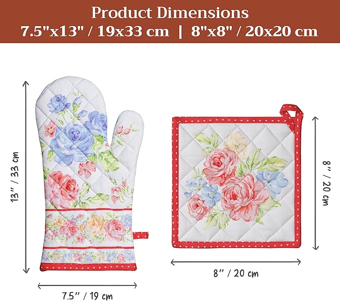 Maison d' Hermine 100% Cotton Oven Mitt & Pot Holder Set (7.5"x13" & 8"x8") Heat Resistant BBQ Cooking Gloves with Loop Baking Grilling Kitchen Hotel Home Farmhouse Spring Summer(Vintage Floral)