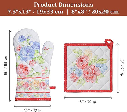 Maison d' Hermine 100% Cotton Oven Mitt & Pot Holder Set (7.5"x13" & 8"x8") Heat Resistant BBQ Cooking Gloves with Loop Baking Grilling Kitchen Hotel Home Farmhouse Spring Summer(Vintage Floral)
