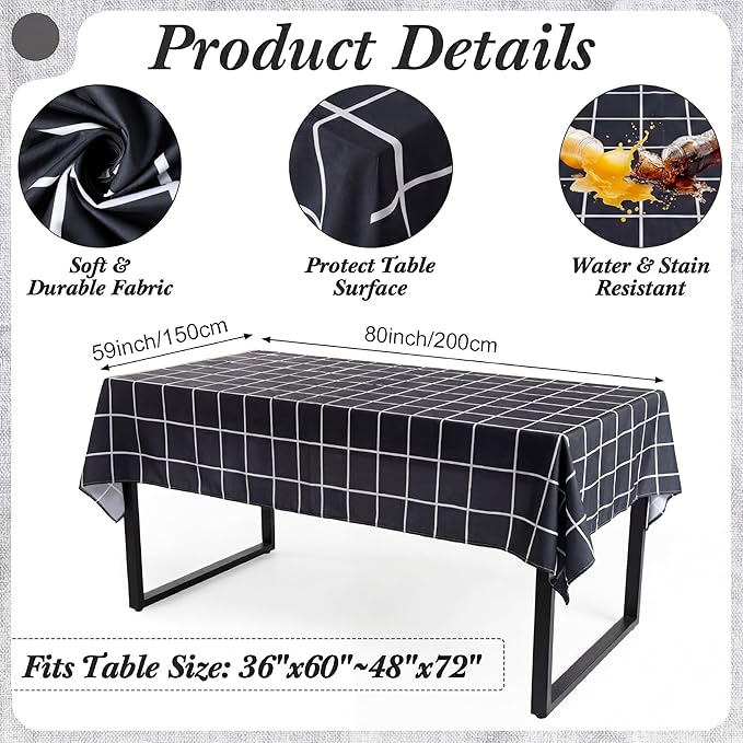 7 Pcs Black Grid Tablecloth and Chair Covers Set 60 x 84 Inch Waterproof Stain Resistant Rectangular Table Cover with Stretchable Removable Chair Slipcovers for Dining Room Patio Summer Party