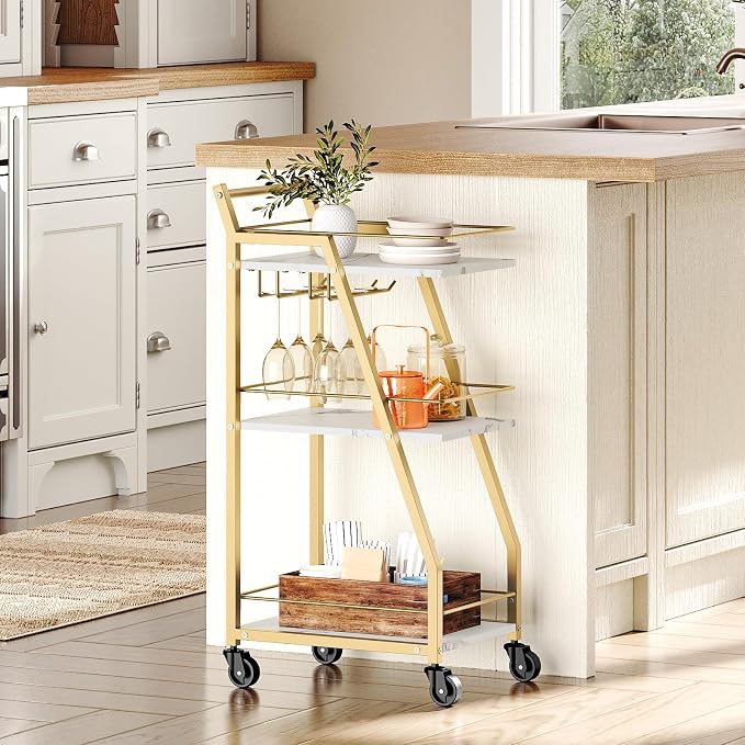 Bar Cart, 3-Tier Home Bar Serving Cart with Wheels, Drink Cart with Glass Holder, Beverage Cart, Rolling Kitchen Cart, for Home, Living Room, Gold BC03DW