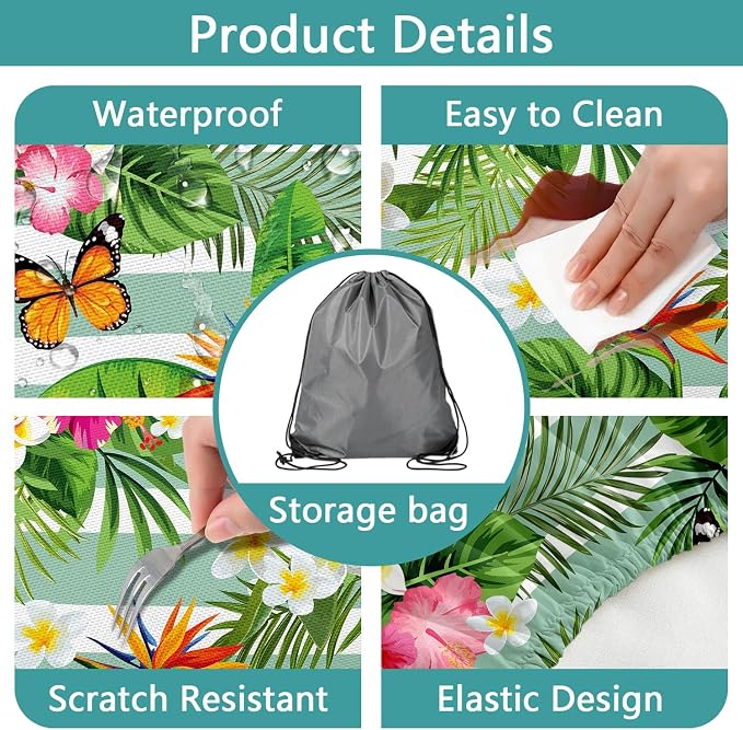 Picnic Table Cover with Bench Covers, Camping Essentials Hawaiian Luau Tropical Palm Leaves Flower Butterfly Waterproof Windproof Fitted Tablecloth Cover with Elastic Edge for Outdoor 3 PCS 30x96 Inch