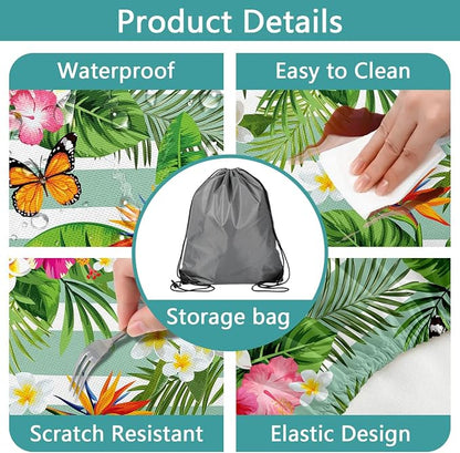 Picnic Table Cover with Bench Covers, Camping Essentials Hawaiian Luau Tropical Palm Leaves Flower Butterfly Waterproof Windproof Fitted Tablecloth Cover with Elastic Edge for Outdoor 3 PCS 30x96 Inch