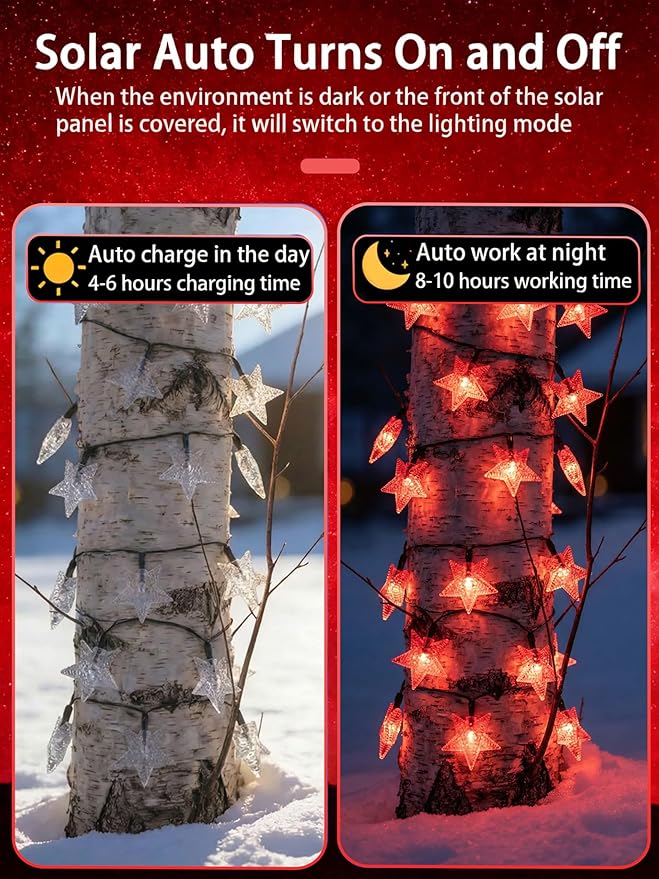 Solar Twinkle Star String Lights Outdoor Indoor Waterproof 39FT 100 LED Solar Powered Fairy Lights with 8 Lighting Modes Christmas Decor for Camping Tree Party Yard Wedding Garden (Red)