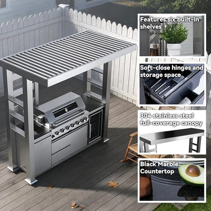 94 Inch Outdoor Kitchen Island with Shed, 85000 BTU 6-Burner Stainless Steel Propane Gas Grill, Wine Cooler Refrigerator, Rotisserie Kit, Galvanized Steel Roof & Black Granite Countertop, Silver