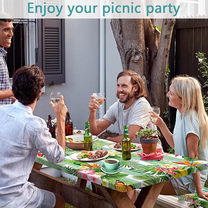 Picnic Table Cover with Bench Covers, Camping Essentials Hawaiian Luau Tropical Palm Leaves Flower Butterfly Waterproof Windproof Fitted Tablecloth Cover with Elastic Edge for Outdoor 3 PCS 30x72 Inch
