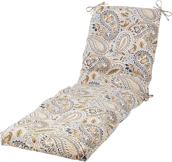 Modern Outdoor Chaise Lounge Cushion with Ties – Durable Polyester Fabric, Channel-Filled Polyfiber Insert, Removable Zippered Cover, Arctic Paisley
