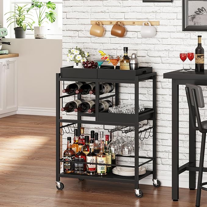 TUTOTAK Bar Cart with Wheels, Drink Cart with Wine Rack and Glass Holder | 3-Tier 24.8 Inch Wide Home Bar Serving Carts, Small Mobile Kitchen Shelf with 6 Hooks, Black BC01BK037