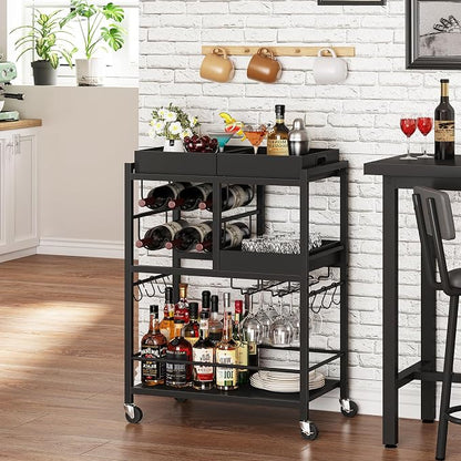 TUTOTAK Bar Cart with Wheels, Drink Cart with Wine Rack and Glass Holder | 3-Tier 24.8 Inch Wide Home Bar Serving Carts, Small Mobile Kitchen Shelf with 6 Hooks, Black BC01BK037