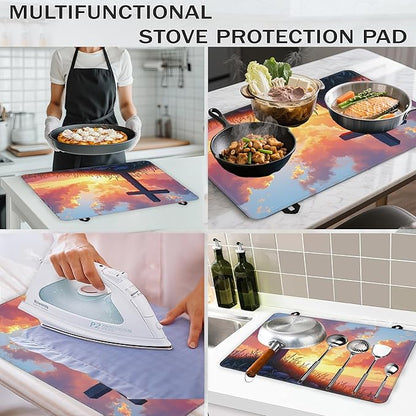 Wood Cross Stove Top Covers for Electric Stove,Easter Sunrise Glass Top Stove Cover, Heat Resistant Range Covers for Electric Stove,Washable Countertop Mat, 28 x 20 Inch