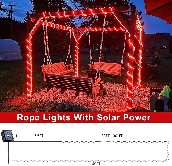 QITONG Red Solar Halloween Lights Outdoor Waterproof, 2 Pack Each 33ft 100 LED Rope Lights, Fairy Lights in Clear Thin Tube with 8 Modes