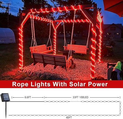 QITONG Red Solar Halloween Lights, 66ft 200 LED Solar Rope Lights Outdoor, 8 Modes Fairy Lights in Clear Thin Tube
